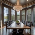 An elegant dining room with a long wooden table, chandelier, and large windows Formal and classy setting1