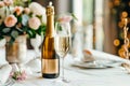 Elegant dining table set for a celebration, featuring champagne, glassware, and a bouquet of roses, creating a romantic Royalty Free Stock Photo