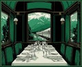 Elegant dining table set in train with mountain view through large windows Royalty Free Stock Photo