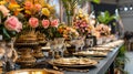 Elegant dinner table at a hall,golden plates and cutlery arranged on the long black tabletop