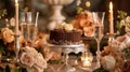 Elegant dinner table setting with bundt cake and champagne. Romantic candlelit celebration setting