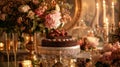 Elegant dinner table setting with bundt cake and champagne. Romantic candlelit celebration setting