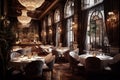 Elegant dinning room with classic decor, chandeliers, and set tables in a luxurious restaurant