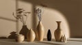Elegant Display of Ceramic Vases With Delicate Plants Casting Shadows on Soft Pastel Background Royalty Free Stock Photo