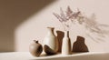 Elegant Display of Ceramic Vases With Delicate Plants Casting Shadows on Soft Pastel Background Royalty Free Stock Photo