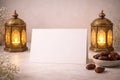 Elegant Display of Dates with Lanterns and Blank Card on a Table, Creating a Warm and Royalty Free Stock Photo