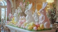 Elegant Display of White and Pink Rabbit Figurines Surrounded by Colorful Easter Eggs in Grand Ballroom Royalty Free Stock Photo