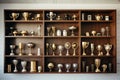 Elegant Display of Gold and Silver Sports Trophies on Mahogany Shelf