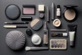 An elegant display of professional decorative cosmetics, makeup tools, accessories on grey background, forming a captivating flat