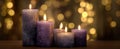 The Elegant Display of Purple Candles with Bokeh Background Lighting.AI generated image Royalty Free Stock Photo