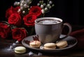 Elegant display of red roses, chocolates and coffee beans on a vintage tray Royalty Free Stock Photo