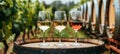 Elegant display of red, white, and rose wines on wooden barrel in picturesque vineyard scene Royalty Free Stock Photo