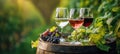 The elegant display of wine glasses with assorted grapes on a barrel AI generated image Royalty Free Stock Photo