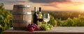 The elegant display of wine, grapes, and a rustic barrel at sunset..AI generated image Royalty Free Stock Photo
