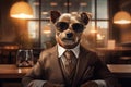 elegant dog standing at the bar, wearing a suit and tie, with dark glasses, looking at camera, AI generated