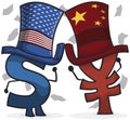 Money Symbols with Hats Fighting due Trade War between U.S.A.-China, Vector Illustration