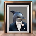 An elegant dolphin in formal wear, posing for a portrait with a playful and intelligent gaze1