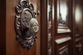 elegant door handle, with intricate details and finishing touches, on grand wooden door Royalty Free Stock Photo