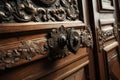 elegant door handle, with intricate details and finishing touches, on grand wooden door Royalty Free Stock Photo
