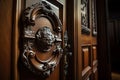 elegant door handle, with intricate details and finishing touches, on grand wooden door Royalty Free Stock Photo