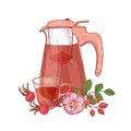 Elegant drawing of glass transparent pitcher with strainer, cup of tea, dog rose branch with flowers and leaves isolated