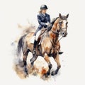 Elegant Dressage Horse and Rider in Watercolor on White Background for Equestrian Enthusiasts.