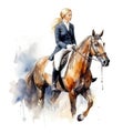 Elegant Dressage Horse and Rider in Watercolor on White Background for Equestrian Enthusiasts.