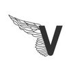 Elegant dynamic letter V with wing. Linear design. Can be used for tattoo, any transportation service or in sports areas. Vector