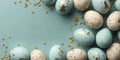 Elegant Easter background with speckled golden eggs frame and copy space for greeting cards and advertising. Royalty Free Stock Photo