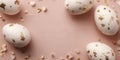 Elegant Easter background with speckled golden eggs frame and copy space for greeting cards and advertising. Royalty Free Stock Photo