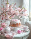 Elegant Easter Cake with Cherry Blossom Decor on a Festive Spring Table. Royalty Free Stock Photo