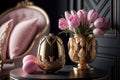 Elegant Easter decoration with pink flowers and Easter eggs. Art deco still life. AI Generated