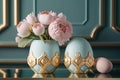 Elegant Easter decoration with pink flowers and stylish Easter eggs. AI Generated