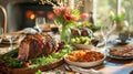 Traditional Easter Dinner Table with Roast and Ham