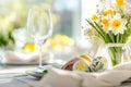 Elegant easter dinner table setting with decorated eggs and spring flowers Royalty Free Stock Photo