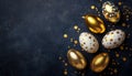Elegant Easter Golden and White Patterned Eggs on Blue Background, Celebration Concept Royalty Free Stock Photo