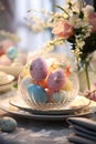 Elegant Easter Table: Colorful Eggs, Lace Tablecloth, and Botanical Wallpaper