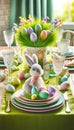 Elegant Easter Table Setting with Bunny Centerpiece and Pastel Eggs