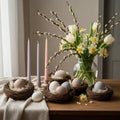 Elegant Easter Table Setting with Eggs and Flowers Royalty Free Stock Photo