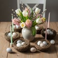 Elegant Easter Table Setting with Flowers and Eggs Royalty Free Stock Photo