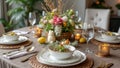 Elegant easter table setting with flowers, eggs, and warm candlelight Royalty Free Stock Photo