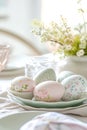 Elegant Easter table setting with pastel eggs and flowers, AI Generated. Royalty Free Stock Photo