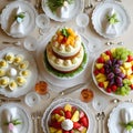 Elegant Easter Table Setting With Two Tier Cake Fruit And Deviled Eggs food Royalty Free Stock Photo