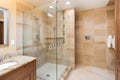 elegant eco-friendly bathroom with dual shower heads and natural stone tile