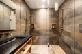 elegant eco-friendly bathroom with dual shower heads and natural stone tile