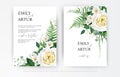 Elegant editable vector watercolor floral wedding invite card template design. Yellow roses, white camellia flowers, greenery fern Royalty Free Stock Photo