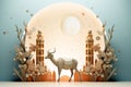 An elegant Eid illustration celebrating the end of Ramadan. The design features crescent moons, stars, lanterns, and Royalty Free Stock Photo