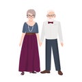 Elegant elderly couple. Pair of old man and woman dressed in formal clothes standing together. Grandfather and