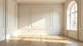 Elegant empty room with sunlight streaming through arch window and classic wall paneling. Generative AI Royalty Free Stock Photo