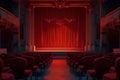 Elegant empty theater interior with red curtain and seats, ready for audience. classic design stage. entertainment venue Royalty Free Stock Photo